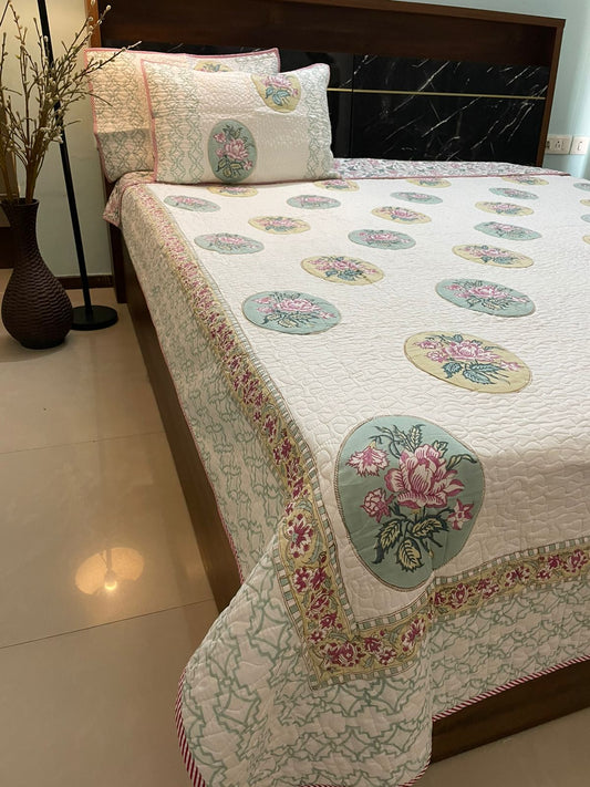 Rose Mughal Print Quilted Bedcover